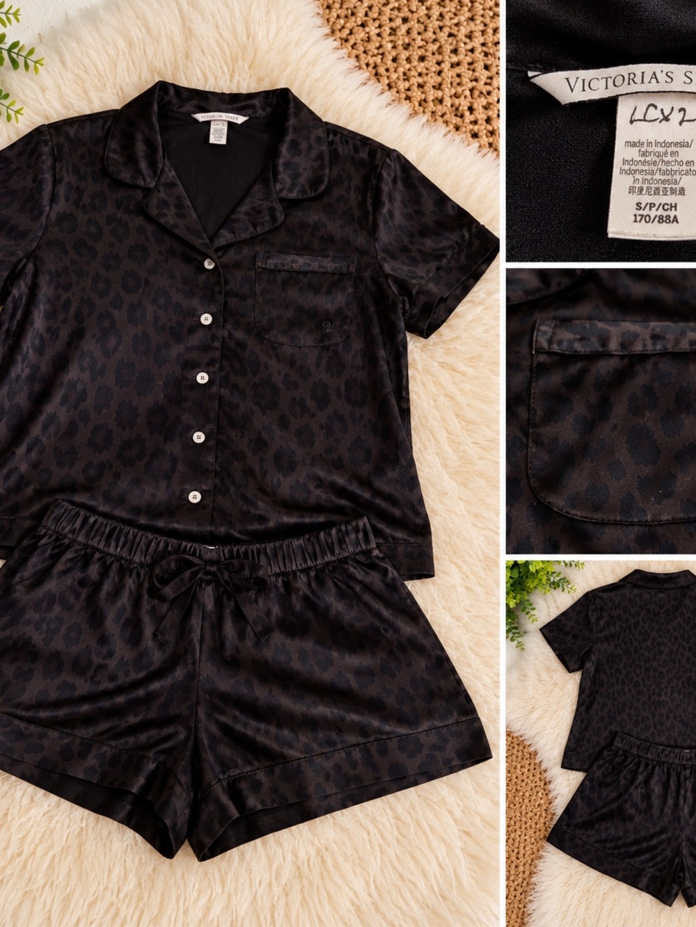 Victoria's Secret Black Leopard Satin Short Pajama Set - Button Front